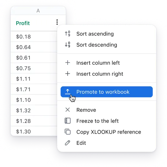 A data table column with the option to promote it to the workbook
