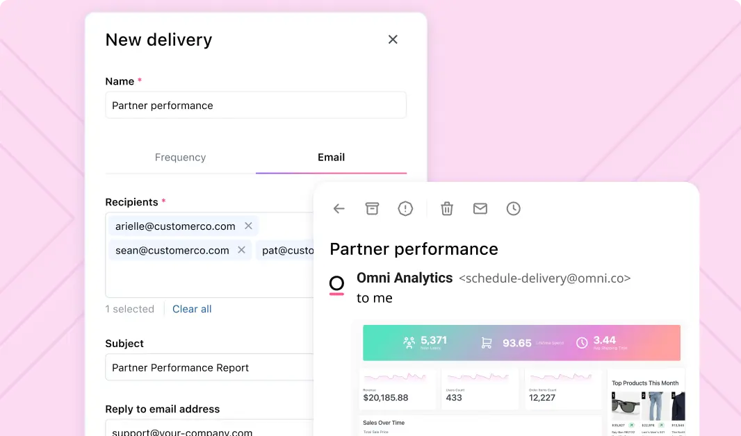 A sidebar showing how to set up a schedule in Omni with preview of an email
